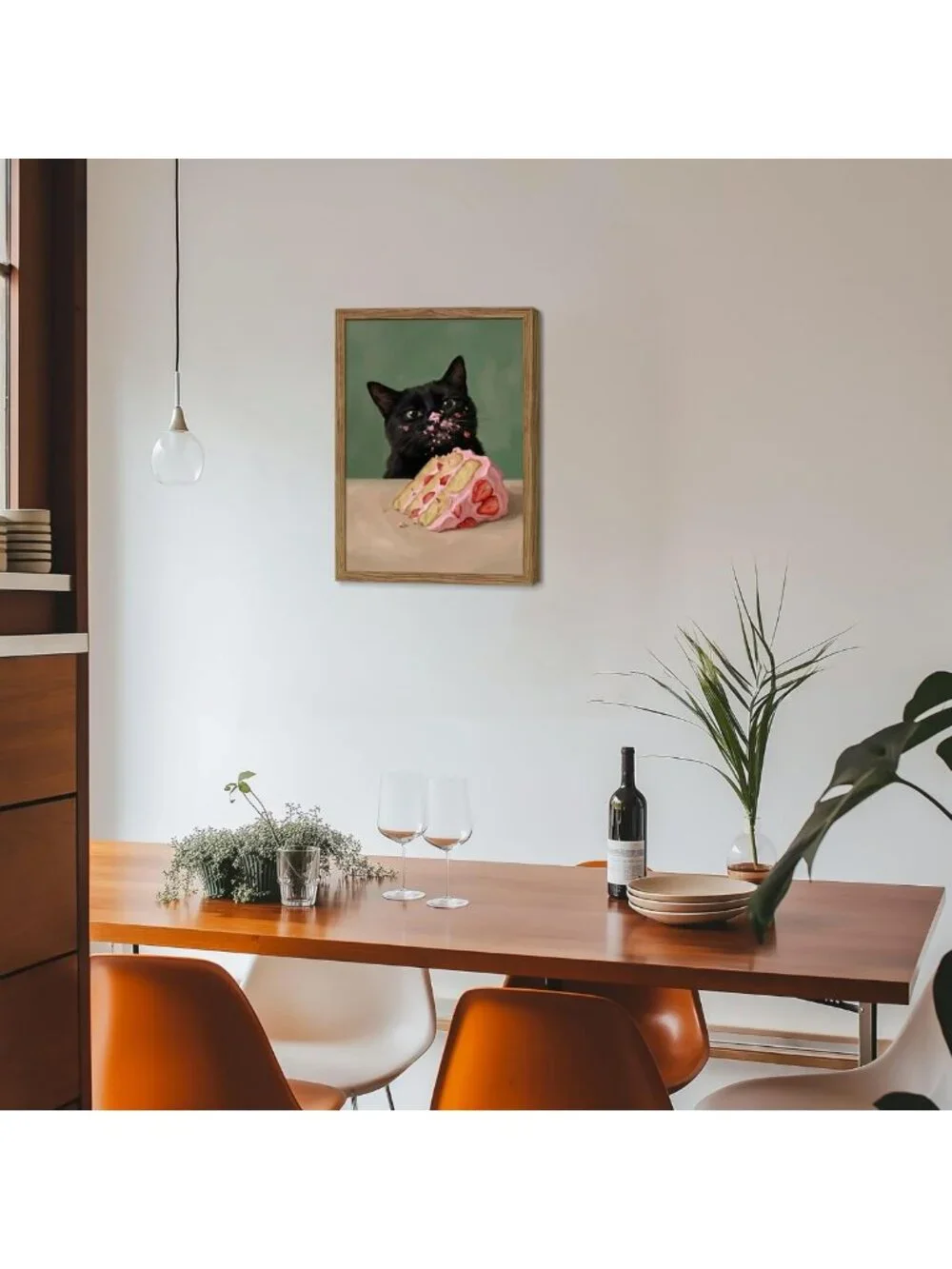 Whimsical Vintage Cat Wall Art - Cute Black Cat Eating Strawberry Cake Canvas